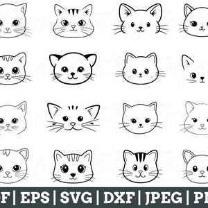 May include: A collection of 16 black and white cat face illustrations. Each cat face has a unique expression and style, with variations in ear shape, whisker details, and eye size. The bottom of the image displays file type options: PDF, EPS, SVG, DXF, JPEG, and PNG.