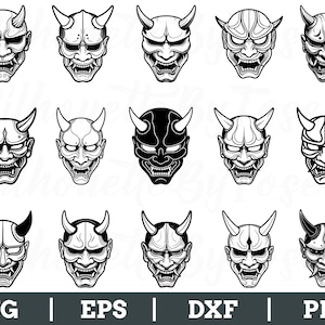 May include: A collection of fifteen Oni mask designs in black and white. Each mask features horns, a wide grin, and intricate facial details. The image includes the text "SVG | EPS | DXF | PNG" at the bottom.