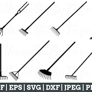 Könnte beinhalten: Ein Satz von zehn schwarzen und weißen Rechen-Silhouetten. Die Rechen sind in verschiedenen Größen und Formen, einige haben einen langen Stiel und andere einen kurzen Stiel.