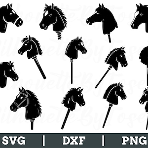 May include: A set of 12 black and white silhouette images of stick horses. The horses are in various poses, with their heads turned in different directions. The images are perfect for crafting projects, scrapbooking, or digital design.