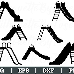 May include: A collection of black silhouette images of playground slides. Each slide design includes a ladder and a curved sliding surface. The images are suitable for digital design projects. The bottom of the image includes the text: SVG | EPS | DXF | PNG.