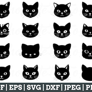 May include: A set of 16 black and white cat head silhouette illustrations. The cat heads are in various poses, including looking straight ahead, looking to the side, and looking up. The illustrations are perfect for use in crafts, scrapbooking, and other creative projects.