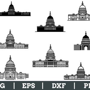 May include: A collection of black and white illustrations of the United States Capitol building. The images vary in detail and style, showcasing the iconic dome and architectural features. The bottom of the image includes the text "SVG | EPS | DXF | PNG".