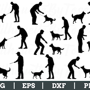 May include: A collection of black silhouette images of people interacting with dogs. The images show people walking dogs on leashes, training them, and playing with them. The bottom of the image has the text "SVG | EPS | DXF | PNG".