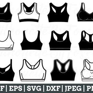 May include: A set of ten black and white bra outlines. The bra outlines are in various styles, including racerback, sports bra, and push-up bra.