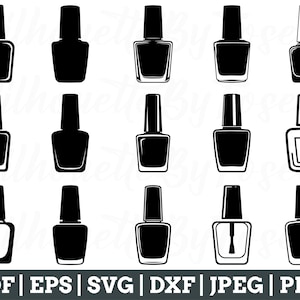 Puede incluir: Conjunto de 18 archivos de corte SVG de silueta de botella de esmalte de uñas en blanco y negro. Las botellas son de varias formas y tamaños.