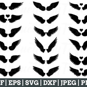 May include: A set of 10 black and white angel wing silhouettes with hearts. The wings are in various positions and sizes. The wings are perfect for crafting, scrapbooking, and other creative projects.