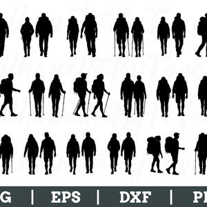 以下が含まれることがあります： ハイキングやウォーキングをする人々の黒いシルエットイラスト。バックパックを背負い、ウォーキングスティックを使用している人もいます。画像には、ファイルタイプのラベル（SVG、EPS、DXF、PNG）が含まれています。