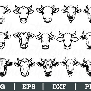以下が含まれることがあります： 15種類の白黒の牛の頭のイラスト。それぞれのデザインは異なる角の形や顔の特徴を示しています。画像の下部には「SVG | EPS | DXF | PNG」のテキストが含まれています。