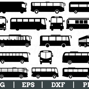 May include: A collection of black bus silhouettes in various styles, including front, side, and angled views. The image includes different bus designs, such as school buses and tour buses, suitable for transportation-themed projects.