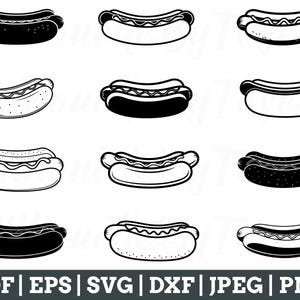 May include: A set of ten black and white outline illustrations of hot dogs. The hot dogs are in various positions, some with mustard and some without.
