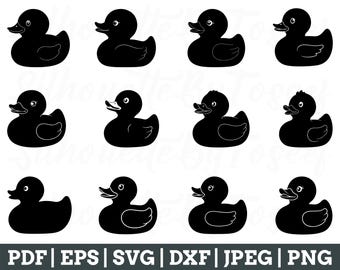 May include: Set of ten black rubber duck silhouettes. The ducks are facing different directions and have different poses. The ducks are all the same size and shape.