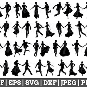 May include: A set of 30 black silhouette images of couples dancing. The couples are in various poses, some holding hands, some with arms around each other, and some with their hands on their hips. The images are ideal for use in wedding invitations, scrapbook pages, or other craft projects.