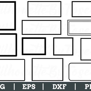 May include: Black and white SVG, EPS, DXF, and PNG file set featuring various rectangular and square frames. The frames have thick black borders and white interiors. The text "Silhouette By Rosee" is in the background.