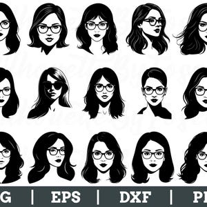 Woman Face with Glasses Svg, Woman Face Silhouette, Woman Face Vector, Dxf, Png
