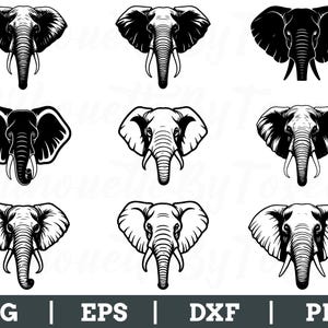 May include: A collection of nine black and white elephant head illustrations. Each design features a detailed depiction of an elephant's face, tusks, and ears. The bottom of the image displays the text "SVG | EPS | DXF | PNG".