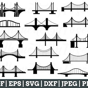 May include: A set of 14 black and white bridge silhouette illustrations. The bridges are various styles, including arch, suspension, and truss bridges.