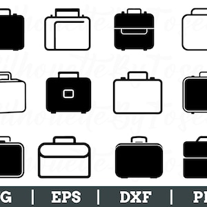 Op de afbeelding: Een set van tien zwarte en witte silhouet-pictogrammen van koffers. De pictogrammen zijn in verschillende stijlen en maten, waaronder een koffer met een handvat, een koffer met een ritssluiting en een koffer met een slot.