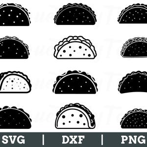 May include: A set of ten black and white silhouette images of tacos. The images are in various shapes and sizes, and some have a dotted pattern.