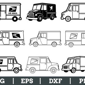 May include: Collection of eight black and white delivery truck illustrations. One truck features "US MAIL" text. Another has a lightning bolt graphic. The bottom of the image displays "SVG | EPS | DXF | PNG".