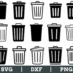Könnte beinhalten: Ein Satz von 12 schwarzen und weißen Mülleimer-Symbolen in den Formaten SVG, DXF und PNG. Die Symbole sind einfach und minimalistisch, mit einer abgerundeten Oberseite und einem rechteckigen Körper. Sie eignen sich perfekt für den Einsatz in einer Vielzahl von Projekten, wie z. B. Webdesign, App-Entwicklung und Druckdesign.