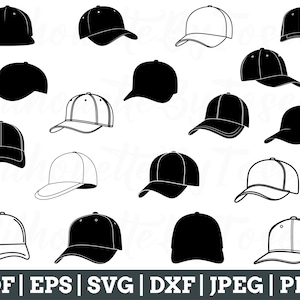 May include: A set of 18 black and white baseball cap silhouettes. The caps are all in different styles and angles. The caps are all outlined in black.