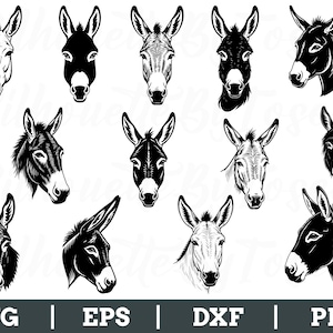 May include: A collection of donkey head illustrations in various styles, including front-facing and profile views. The images are rendered in black and white, with detailed shading and outlines. The bottom of the image displays the file formats: SVG, EPS, DXF, and PNG.