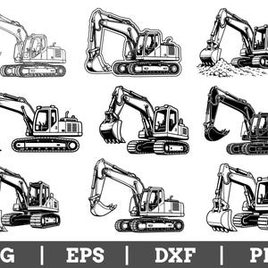 May include: A collection of nine black and white illustrations of excavators in various poses, featuring detailed mechanical arms, buckets, and tracks. The text SVG | EPS | DXF | PNG is displayed at the bottom of the image in a bold font.