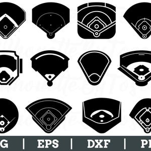 Puede incluir: Una colección de siluetas negras de campos de béisbol en varios diseños. La imagen incluye diferentes vistas del diamante de béisbol, incluyendo perspectivas desde arriba y en ángulo. La parte inferior de la imagen muestra el texto "SVG | EPS | DXF | PNG".