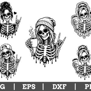 May include: A collection of five black and white digital illustrations featuring skeletons with hair, sunglasses, and coffee cups. The skeletons are depicted with dripping effects, some wearing beanies or caps, and making hand gestures. Text reads SVG, EPS, DXF, PNG.