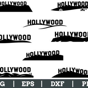 May include: A collection of black silhouette designs featuring the word "HOLLYWOOD" atop various stylized landscapes. The designs include mountains, hills, and trees. The bottom of the image displays file type options: SVG, EPS, DXF, and PNG.