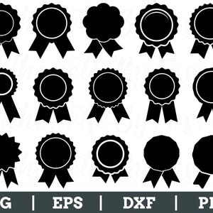 Puede incluir: Una colección de insignias de cinta negras en varias formas, incluyendo diseños circulares, festoneados y en forma de estrella. La imagen incluye las etiquetas de tipo de archivo: SVG, EPS, DXF y PNG.