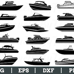 May include: A collection of black boat silhouettes in various designs. The image features different types of boats, including speedboats and yachts, suitable for nautical-themed projects. The bottom of the image includes the text "SVG | EPS | DXF | PNG".