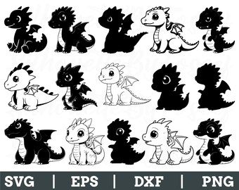 かわいい赤ちゃんドラゴンのSVG、赤ちゃんドラゴンのシルエット、かわいいドラゴンのカットファイル、DXF、PNG