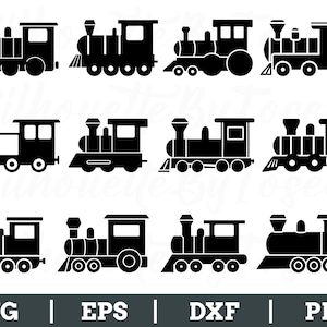 May include: A collection of black train silhouettes in various designs. Each train features a distinct shape, including the engine, smokestack, and wheels. The bottom of the image displays the file types: SVG, EPS, DXF, and PNG.