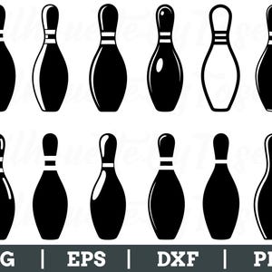 Op de afbeelding: Een verzameling zwart-witte bowlingpinnensilhouetten. De pins variëren in stijl, sommige zijn effen zwart, andere omrand en sommige met witte strepen. De afbeelding bevat de tekst "SVG | EPS | DXF | PNG" onderaan.