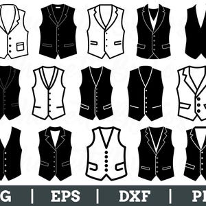 May include: A collection of black and white vest designs in various styles. The vests include single-breasted, double-breasted, and V-neck options. The image also includes the text "SVG | EPS | DXF | PNG".