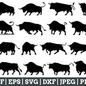 May include: A set of 12 black silhouette images of bulls, each with a unique pose. The bulls are facing different directions and have different horn shapes. The images are perfect for use in crafting projects, scrapbooking, or digital design.