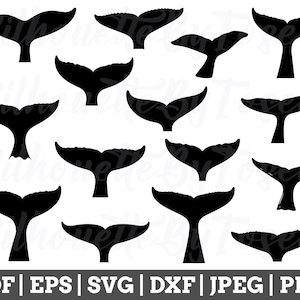 May include: A set of 12 black whale tail silhouettes. The tails are in various positions and sizes. They are perfect for crafting projects, scrapbooking, or digital design.