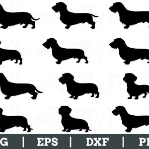 May include: Black silhouette images of dachshund dogs in various poses. The image includes the file type abbreviations: SVG, EPS, DXF, and PNG.