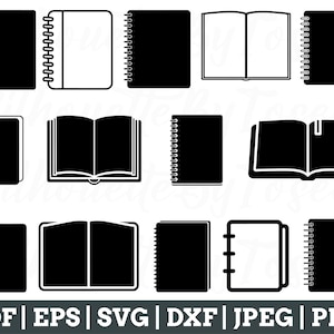 Może przedstawiać: Zestaw dziesięciu czarno-białych ilustracji różnych rodzajów notesów i dzienników. Ilustracje obejmują notesy ze spiralą, dzienniki z grzbietem i otwarte książki.