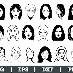 Könnte beinhalten: Eine Sammlung von schwarz-weißen Frauengesicht-Silhouetten mit verschiedenen Frisuren. Die Bilder sind in Vektorformaten, einschließlich SVG, EPS, DXF und PNG-Dateien. Jedes Gesicht hat unterschiedliche Merkmale und Ausdrücke.