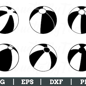 Könnte beinhalten: Sechs schwarz-weiße Strandball-Designs. Jeder Ball hat ein segmentiertes Muster mit abwechselnd schwarzen und weißen Paneelen. Die Designs variieren leicht in den Details der weißen kreisförmigen Akzente. Der untere Teil des Bildes zeigt den Text "SVG | EPS | DXF | PNG".