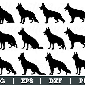 May include: A set of ten black silhouette images of German Shepherd dogs in various poses. The images are suitable for use in crafting projects, such as vinyl decals, iron-on transfers, or digital downloads.