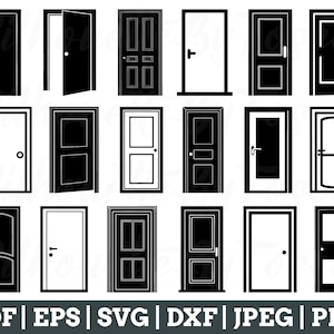 Könnte beinhalten: Ein Satz von 16 schwarzen und weißen Tür-Silhouetten-Icons. Die Türen sind in verschiedenen Stilen, darunter Einzel-, Doppel-, Französische Türen und Türen mit Fenstern. Die Icons sind perfekt für den Einsatz in Designprojekten, Websites und sozialen Medien.