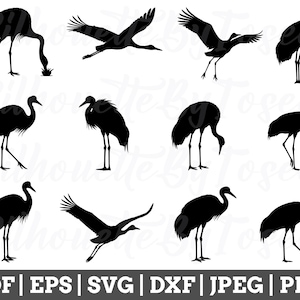 Puede incluir: Un conjunto de diez imágenes de silueta negra de grullas en varias poses. Las grullas están mirando en diferentes direcciones y tienen las alas extendidas.