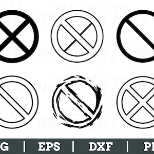 May include: A collection of six black and white circular prohibition signs. The signs feature a circle with a diagonal line or an X through the center. The bottom of the image includes the text "SVG | EPS | DXF | PNG".