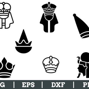 May include: Black and white vector illustrations of various crowns and Egyptian symbols. The image includes a crown, a pharaoh's head, and other royal emblems. The bottom of the image displays the text "SVG | EPS | DXF | PNG".