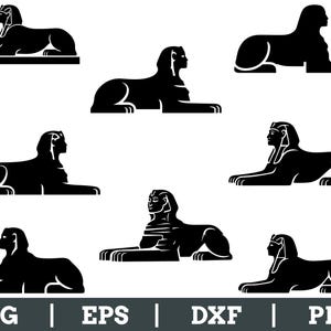 May include: A collection of black Sphinx illustrations in various poses. The Sphinx figures are in a minimalist style, with clean lines and a solid black color. The image includes the file type labels: SVG, EPS, DXF, and PNG.