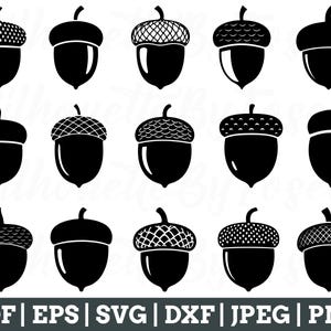 May include: Set of 10 black and white acorn silhouette illustrations. The acorns are in various shapes and sizes, with some having a textured pattern.